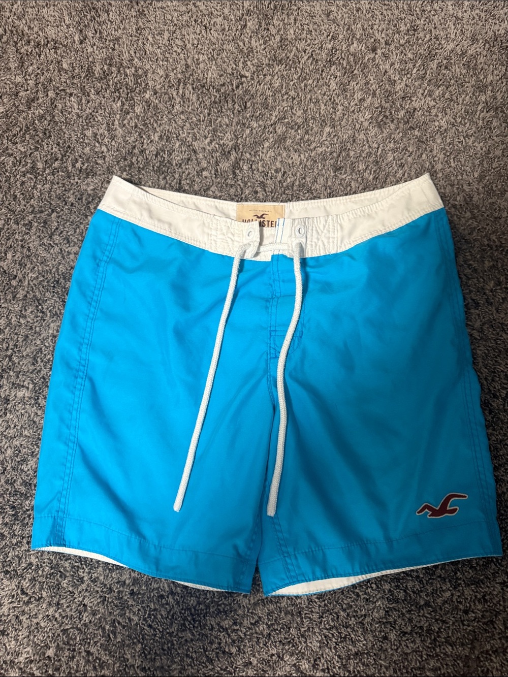 Vintage Hollister Men's Bright Turquoise Swim Board Shorts with White Waistband